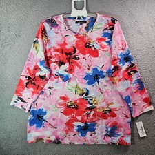 $69 NEW Calessa Top Blouse Women 2X Stretch Floral Print Pink Red Tone picture