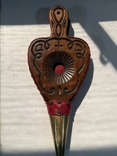 Vintage Hand Carved Wood Fireplace Bellows Brass & Red Leather picture