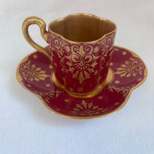 Coalport England - Raised Gold Maroon Red - Demitasse Cup and Saucer ANTIQUE picture