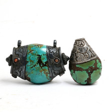 Century-Old Antique Tibetan Silver Capped Cylinder Turquoise Bead Pendant picture