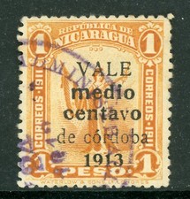 Nicaragua 1913 Gold Liberty ½¢/1 Peso Black Overprint Sc 313 VFU Q508 picture