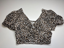 Japna Blouse Large Leopard Animal Print Cropped Puff Sleeves Smocked Knot New picture