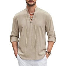 Men's Renaissance Shirt Pirate Medieval Viking top Cotton Linen Shirts Men Long picture