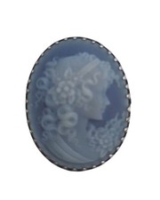 925 Cameo Pendant Brooch Blue Agate Flowers in Hair Sterling Silver Talarico picture