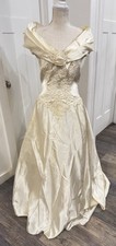 VTG 80s Bridal Originals Wedding Dress Prom Gown Ivory Satin Lace Bow Sz 9/10 picture