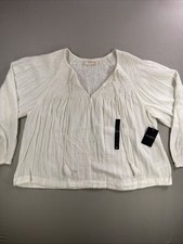 NWT Lucky Brand Women's White Smocked Boho Peasant Top Tassel Blouse Large picture