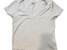 Old Navy Womens L Snug Ribbed V Neck T Shirt Oatmeal Cream Fitted Stretch Tee picture