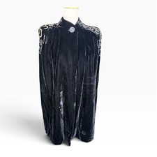 Vintage 1930s 40s Black Velvet Cape Metallic Embellished Padded Shoulders picture