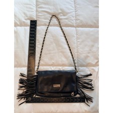 BCBG Paris Black Fringed Crossbody Bag Gold Chain Strap Pebbled Faux Leather picture