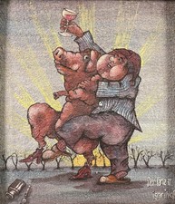 German mid 20th C, Vintage Acrylic Painting, Dancing Man & Pig - Der Tanz II picture