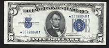 1934 D  $5 Silver Certificate STAR Note Blue Seal Solid Star  Note  AU/ UNC picture