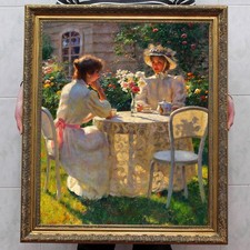 Hand Painted Oil Painting Victorian Ladies Garden Afternoon Tea Impressionist picture