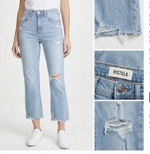 PISTOLA Light DISTRESSED/DESTROYED Denim LENNON HIGH-RISE CROP BOOT JEANS Sz 27 picture