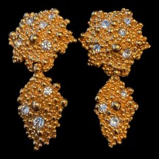 VTG Lanvin Germany Gold Tone Rhinestone Dangle Clip On Earrings 2.75” picture