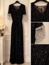 Women’s Black Beaded Sequin V-Neck Short Sleeve Maxi Dress Formal Party picture