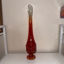 Vintage Viking 17 inch Leaf Base Stretch Swung Vase Burnt Orange MCM Original St picture