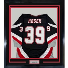 Framed Autographed/Signed Dominik Hasek 35x39 Buffalo Black Jersey BAS COA picture