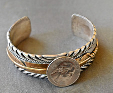 Men's Navajo Lee Bennett 12k Gold Filled Sterling Silver Cuff Bracelet 65 grams picture