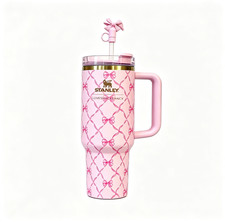 Stanley x LoveShackFancy 40oz Quencher H2.0 Baby Bow Peppermint Pink Tumbler picture