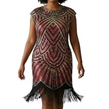 Fundaisy Dress Plus Size 3XL Red Black Mesh Gold Sequins Fringe Gatsby Flapper picture
