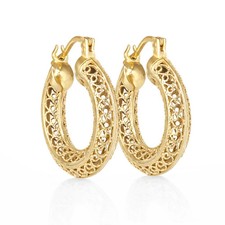 Stunning Gold Filigree Hoop Earrings Artisan Handcrafted 1 Inch Vintage Jewelry picture