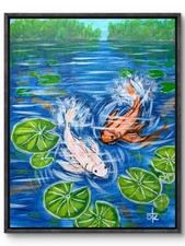 Original Acrylic 14x11 Expressionist Koi Fish Lily Pond Painting Signed Canvas picture