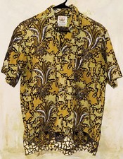 Vintage 1960's Java Batik Cotton Print Shirtless Yellow Geometric Men’s buttons picture