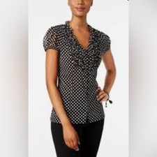 INC International Concepts Black and White Ruffled Notched Collar Blouse picture