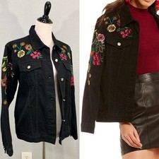 Gianni Bini Southern Dream Denim Jacket NWT Large Black Floral Embroidered picture