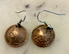 Indian Head Penny Hook Earrings 1898 & 1906 Genuine Antique Coins L5 picture