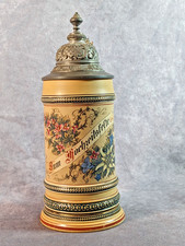 Antique German Pottery Beer Stein Zum Hochzeitsfeste Alpine Floral 1/2L Lidded picture