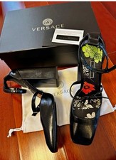 VERSACE Women’s Black Leather Strappy Ankle Strap Square Toe Block Heel 9.5M picture