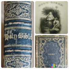 Rare 1860s Antique Family Bible Ornate Filigree Leather Illustrated Civil War LG picture