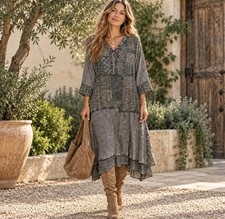 Parsley & Sage Patchwork Midi Dress Gray Embroidered Tiered Artsy Boho NWT Sz M picture