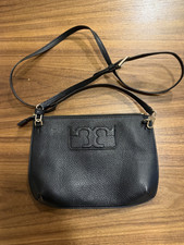 TORY BURCH Black Small Pebbled Slim Embossed Crossbody Bag Zip EUC picture