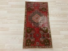 Vintage Turkish Farmhouse Rug 1.4 x 2.8 Ft Red Handwoven Anatolian Doormat picture