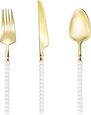 120 Pcs Gold Plastic Silverware with White Beads Handle | Gold Plastic picture