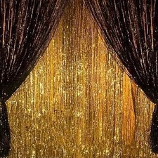 2PCS Black Gold Tinsel Fringe Curtain 3x8ft Party Backdrop Halloween Decor picture