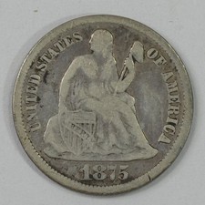 1875-CC Seated Liberty Carson City Silver Dime Mintmark Above Bow VERY GOOD picture