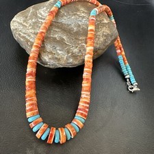 USA Spiny Oyster Turquoise Graduated Navajo Sterling Silver Necklace 18273 picture