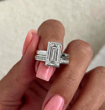 6.00 Ct Emerald-Cut EF/VS1 Lab Grown Diamond Engagement Ring Set 14k White Gold picture