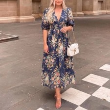 Zimmermann Zinnia Dress Size 1 AU 10/ US 6 Shirred Waist Floral Linen Midi picture