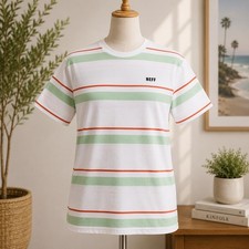 NWT Neff Classic Crew T-Shirt Mens Large White Green Orange Striped Logo Tee picture