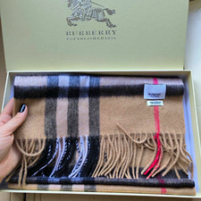 Burberry Cashmere Beige Plaid Rectangle Scarf with Fringe Logo Accent picture