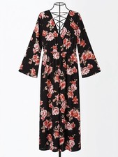 Forever 21 Plus Size 0X Black Floral Maxi Dress Long Sleeve Side Slit Lace Up picture
