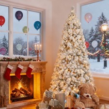 4-9 ft Pre-Lit Flocked Artificial Christmas Tree White Pine Tree & Foldable Base picture