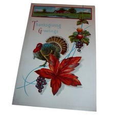 Vintage Thanksgiving Greetings Postcard Embossed Turkey Autumn Leaves USA 524 picture