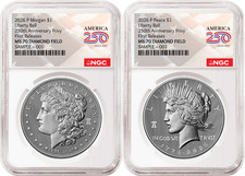 2 Coin Set 2026 Morgan Peace Diamond Field 250 Privy NGC MS70 FR Flag Presale picture