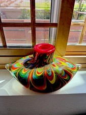 Vtg MCM Art Glass Cased Vase Pulled Feathers Heavy Decor Multicolor Murano Heavy picture