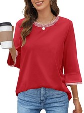 MEROKEETY Women's 3/4 Length Sleeve Crew Neck Blouse Red Medium picture